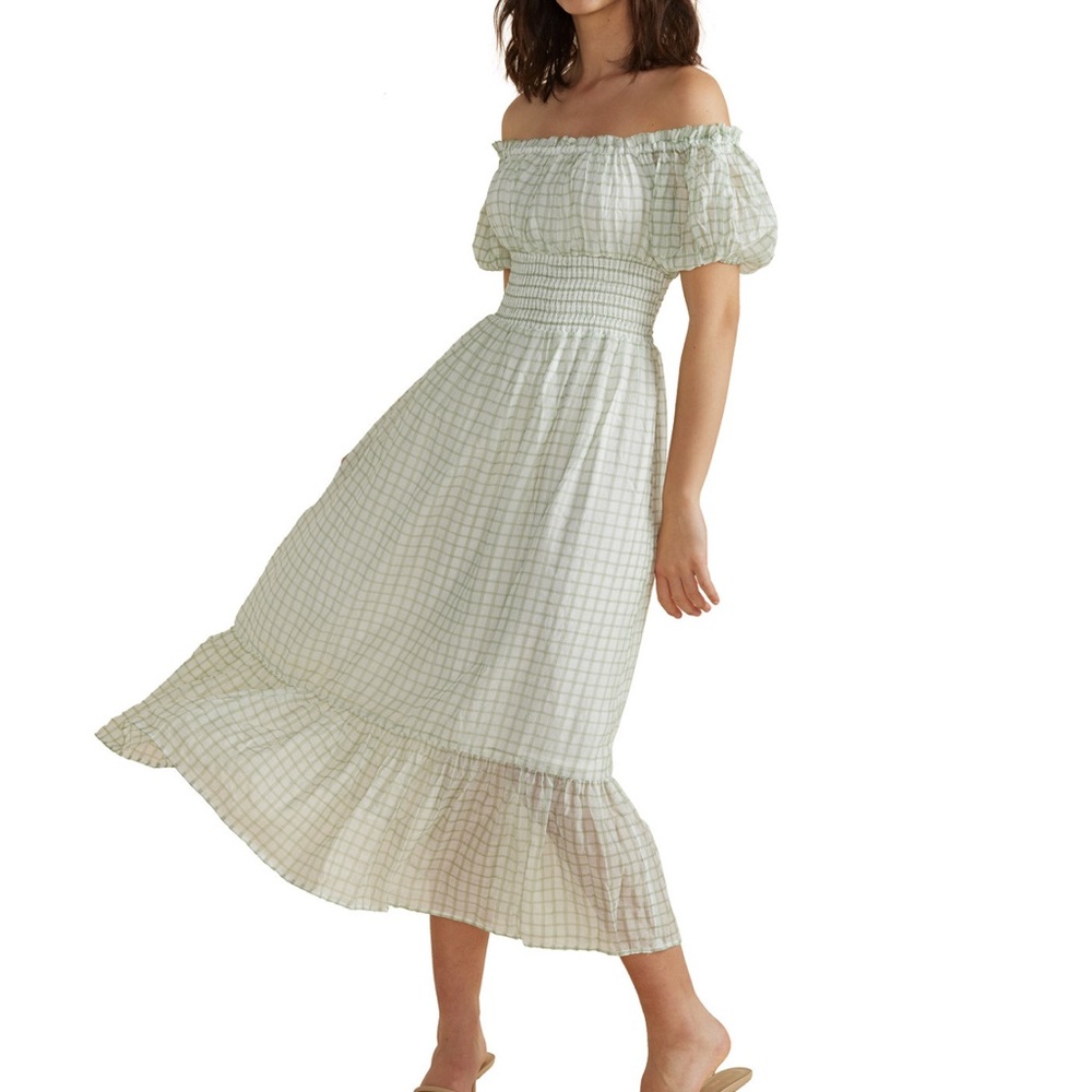 MINKPINK Elegant Green Plaid Off-Shoulder Dress